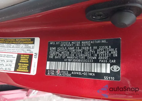2011 Toyota Camry Le from USA, damaged, VIN 4T1BF3EK9BU593223